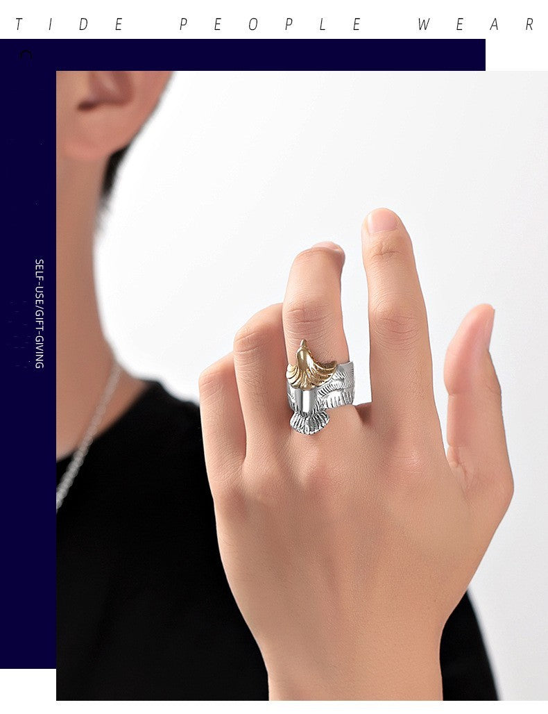 S925 Sterling Silver Gold Head Ring Hip Hop