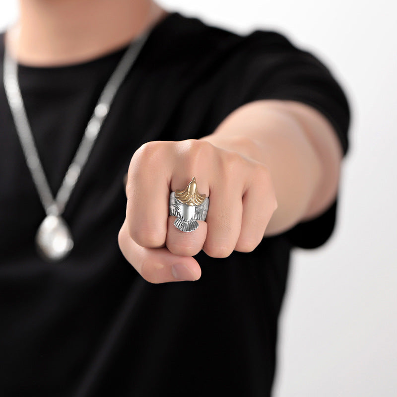 S925 Sterling Silver Gold Head Ring Hip Hop